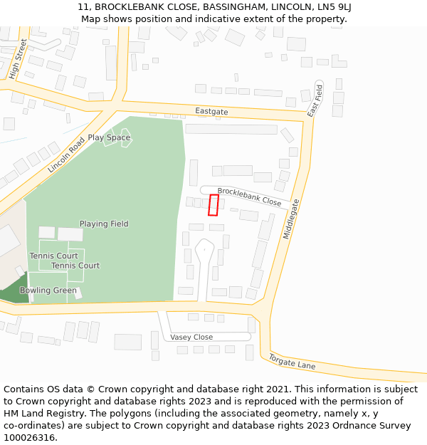 11, BROCKLEBANK CLOSE, BASSINGHAM, LINCOLN, LN5 9LJ: Location map and indicative extent of plot