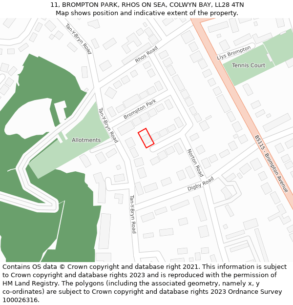 11, BROMPTON PARK, RHOS ON SEA, COLWYN BAY, LL28 4TN: Location map and indicative extent of plot