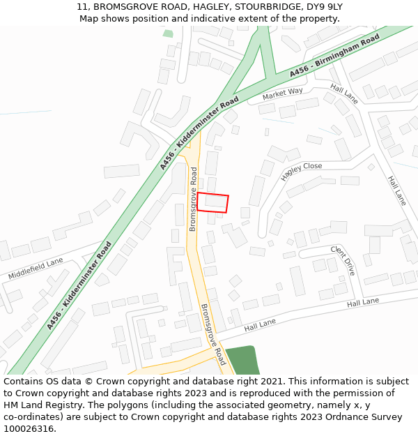 11, BROMSGROVE ROAD, HAGLEY, STOURBRIDGE, DY9 9LY: Location map and indicative extent of plot