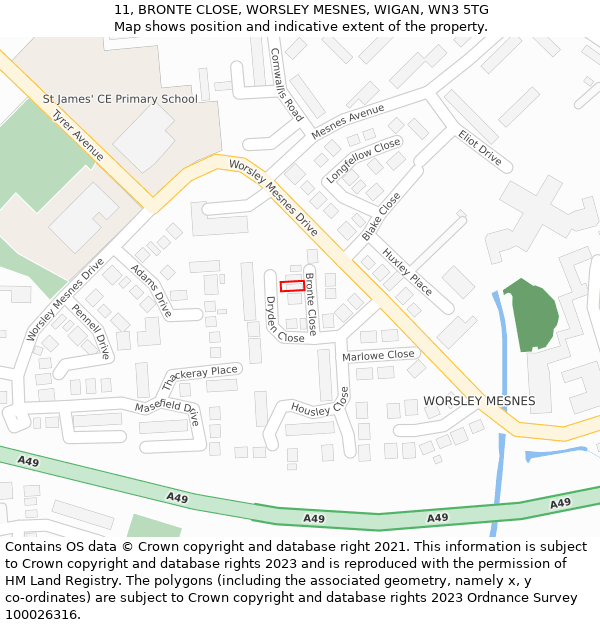 11, BRONTE CLOSE, WORSLEY MESNES, WIGAN, WN3 5TG: Location map and indicative extent of plot