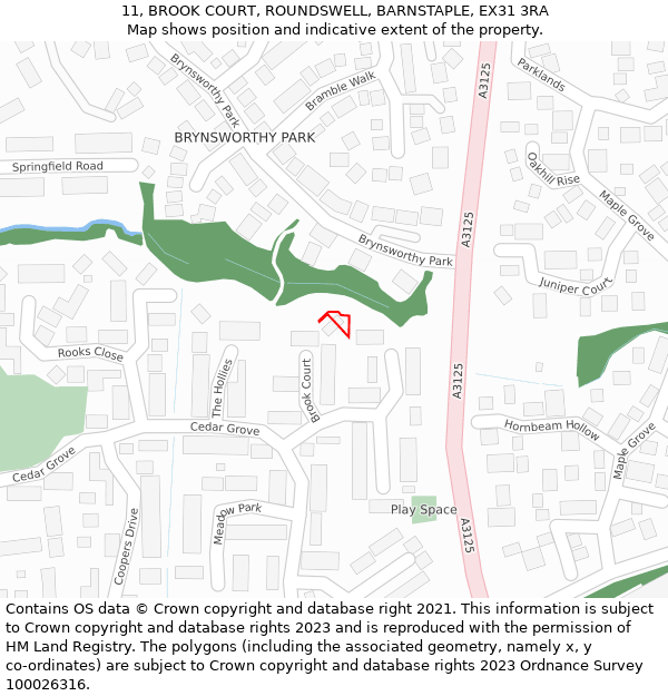 11, BROOK COURT, ROUNDSWELL, BARNSTAPLE, EX31 3RA: Location map and indicative extent of plot