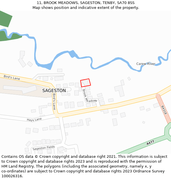 11, BROOK MEADOWS, SAGESTON, TENBY, SA70 8SS: Location map and indicative extent of plot