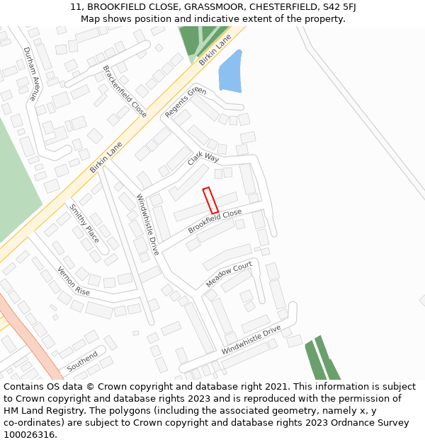 11, BROOKFIELD CLOSE, GRASSMOOR, CHESTERFIELD, S42 5FJ: Location map and indicative extent of plot