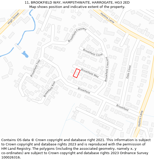 11, BROOKFIELD WAY, HAMPSTHWAITE, HARROGATE, HG3 2ED: Location map and indicative extent of plot