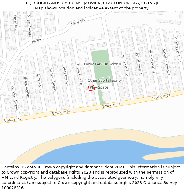 11, BROOKLANDS GARDENS, JAYWICK, CLACTON-ON-SEA, CO15 2JP: Location map and indicative extent of plot