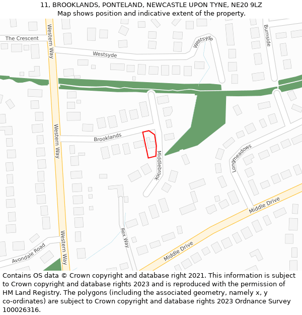 11, BROOKLANDS, PONTELAND, NEWCASTLE UPON TYNE, NE20 9LZ: Location map and indicative extent of plot