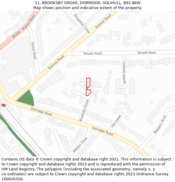 11, BROOKSBY GROVE, DORRIDGE, SOLIHULL, B93 8BW: Location map and indicative extent of plot