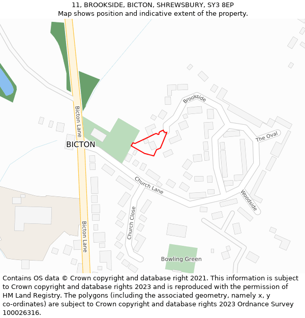 11, BROOKSIDE, BICTON, SHREWSBURY, SY3 8EP: Location map and indicative extent of plot