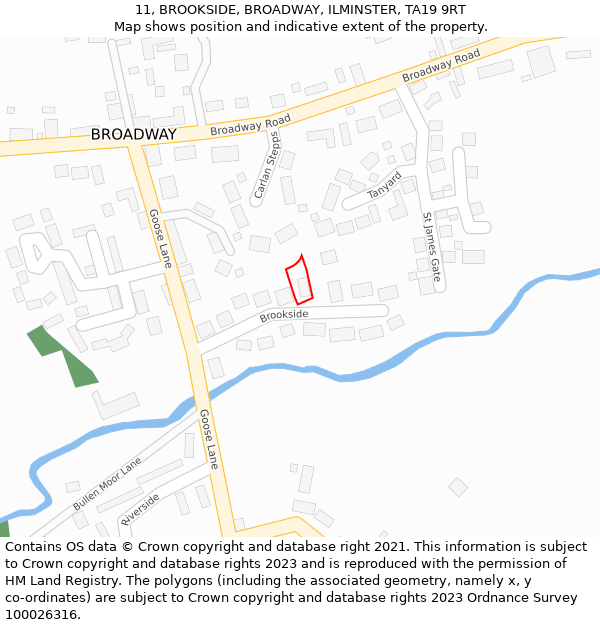 11, BROOKSIDE, BROADWAY, ILMINSTER, TA19 9RT: Location map and indicative extent of plot