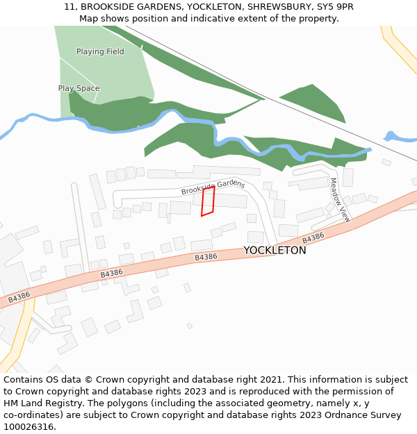 11, BROOKSIDE GARDENS, YOCKLETON, SHREWSBURY, SY5 9PR: Location map and indicative extent of plot