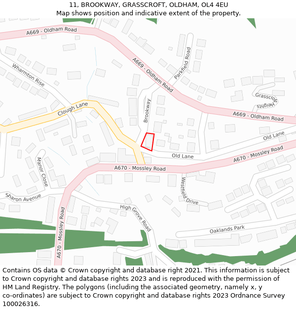 11, BROOKWAY, GRASSCROFT, OLDHAM, OL4 4EU: Location map and indicative extent of plot