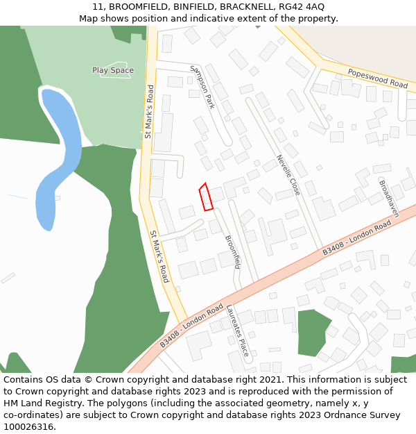 11, BROOMFIELD, BINFIELD, BRACKNELL, RG42 4AQ: Location map and indicative extent of plot