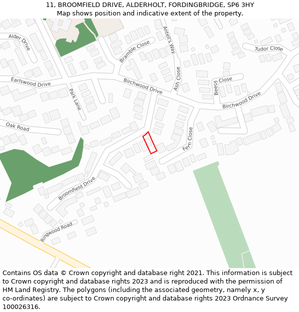 11, BROOMFIELD DRIVE, ALDERHOLT, FORDINGBRIDGE, SP6 3HY: Location map and indicative extent of plot