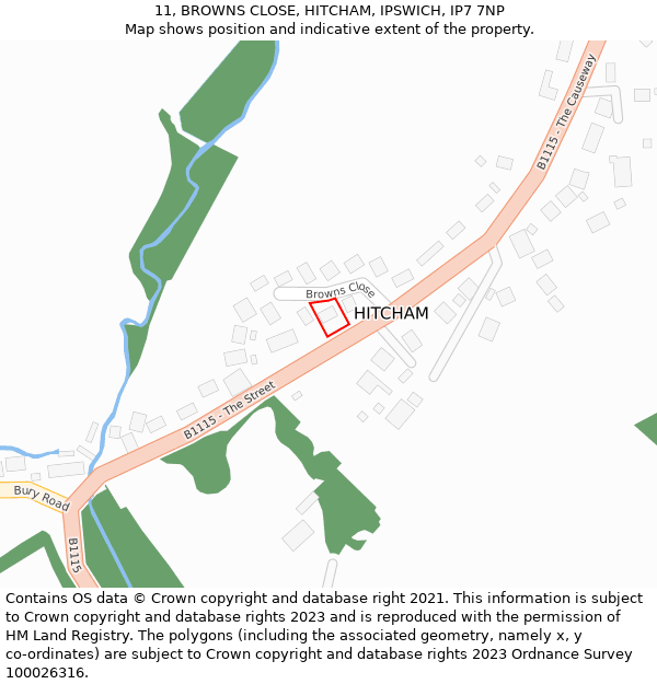 11, BROWNS CLOSE, HITCHAM, IPSWICH, IP7 7NP: Location map and indicative extent of plot