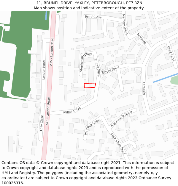 11, BRUNEL DRIVE, YAXLEY, PETERBOROUGH, PE7 3ZN: Location map and indicative extent of plot