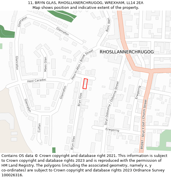 11, BRYN GLAS, RHOSLLANERCHRUGOG, WREXHAM, LL14 2EA: Location map and indicative extent of plot