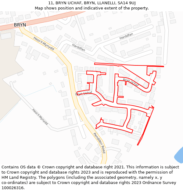 11, BRYN UCHAF, BRYN, LLANELLI, SA14 9UJ: Location map and indicative extent of plot