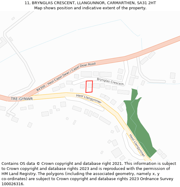 11, BRYNGLAS CRESCENT, LLANGUNNOR, CARMARTHEN, SA31 2HT: Location map and indicative extent of plot