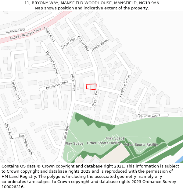 11, BRYONY WAY, MANSFIELD WOODHOUSE, MANSFIELD, NG19 9AN: Location map and indicative extent of plot