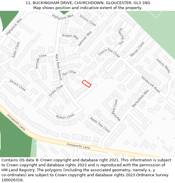 11, BUCKINGHAM DRIVE, CHURCHDOWN, GLOUCESTER, GL3 1NG: Location map and indicative extent of plot