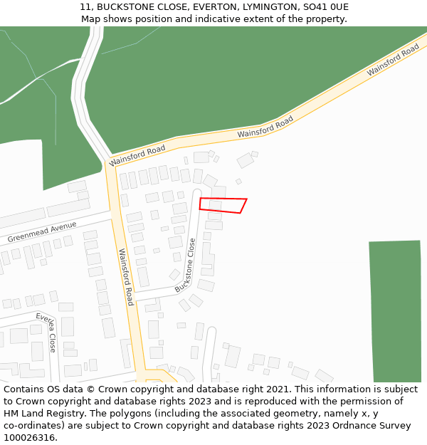 11, BUCKSTONE CLOSE, EVERTON, LYMINGTON, SO41 0UE: Location map and indicative extent of plot