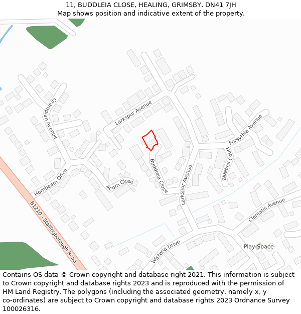 11, BUDDLEIA CLOSE, HEALING, GRIMSBY, DN41 7JH: Location map and indicative extent of plot