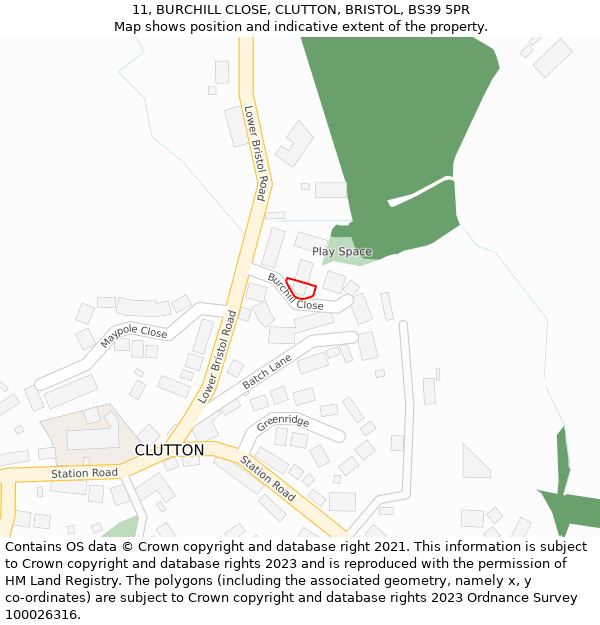 11, BURCHILL CLOSE, CLUTTON, BRISTOL, BS39 5PR: Location map and indicative extent of plot