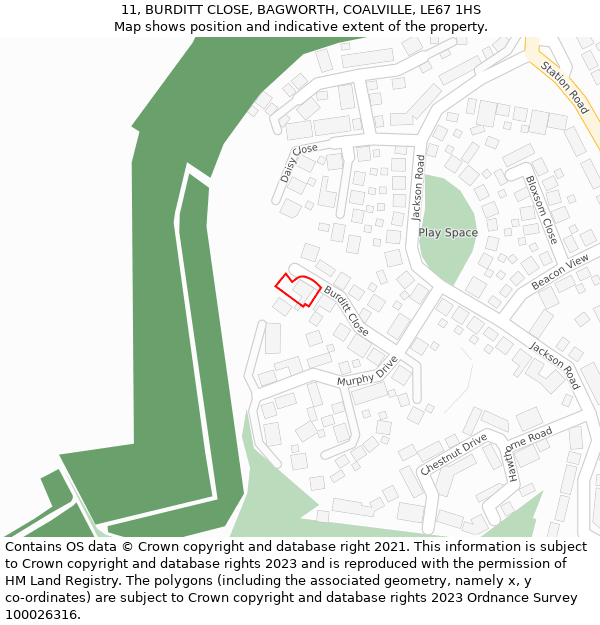 11, BURDITT CLOSE, BAGWORTH, COALVILLE, LE67 1HS: Location map and indicative extent of plot
