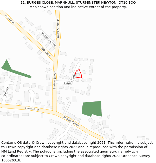 11, BURGES CLOSE, MARNHULL, STURMINSTER NEWTON, DT10 1QQ: Location map and indicative extent of plot