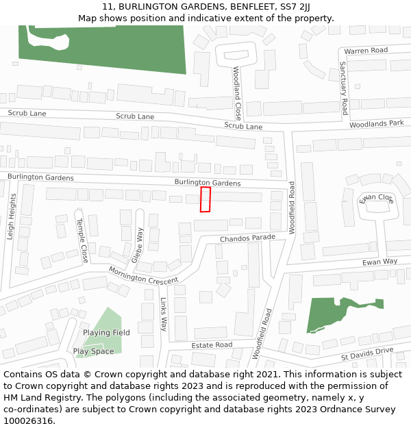 11, BURLINGTON GARDENS, BENFLEET, SS7 2JJ: Location map and indicative extent of plot