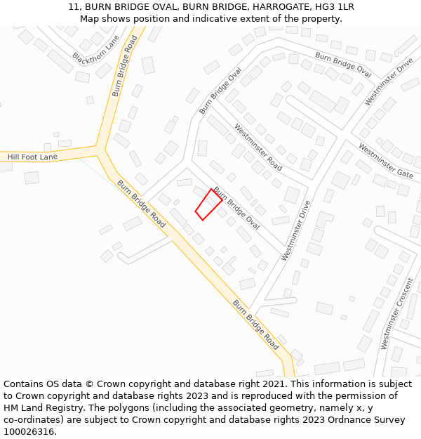 11, BURN BRIDGE OVAL, BURN BRIDGE, HARROGATE, HG3 1LR: Location map and indicative extent of plot