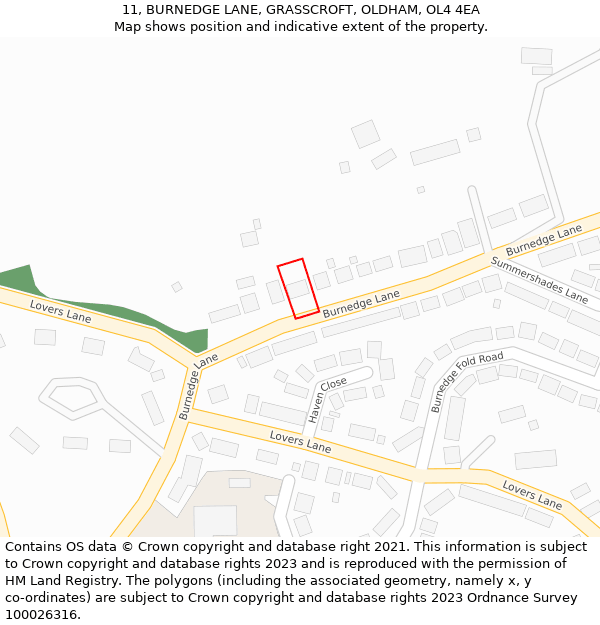 11, BURNEDGE LANE, GRASSCROFT, OLDHAM, OL4 4EA: Location map and indicative extent of plot