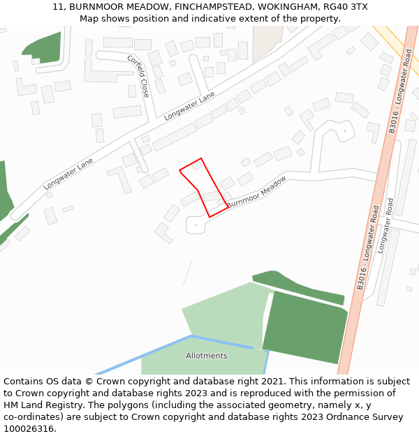 11, BURNMOOR MEADOW, FINCHAMPSTEAD, WOKINGHAM, RG40 3TX: Location map and indicative extent of plot