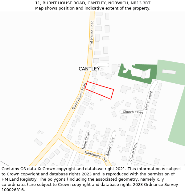 11, BURNT HOUSE ROAD, CANTLEY, NORWICH, NR13 3RT: Location map and indicative extent of plot