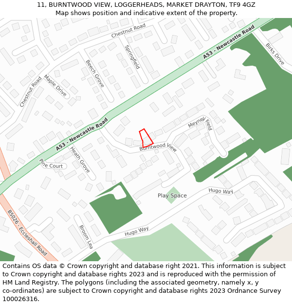 11, BURNTWOOD VIEW, LOGGERHEADS, MARKET DRAYTON, TF9 4GZ: Location map and indicative extent of plot