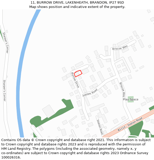 11, BURROW DRIVE, LAKENHEATH, BRANDON, IP27 9SD: Location map and indicative extent of plot