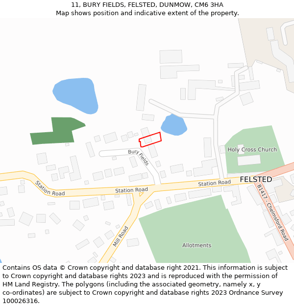 11, BURY FIELDS, FELSTED, DUNMOW, CM6 3HA: Location map and indicative extent of plot