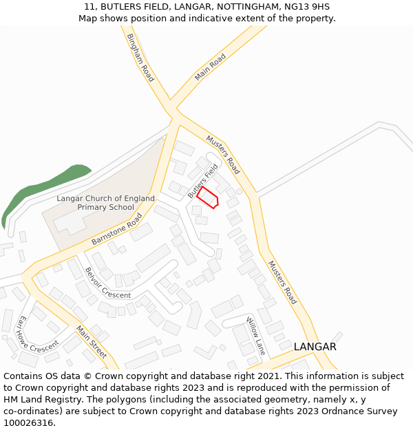 11, BUTLERS FIELD, LANGAR, NOTTINGHAM, NG13 9HS: Location map and indicative extent of plot