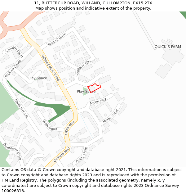 11, BUTTERCUP ROAD, WILLAND, CULLOMPTON, EX15 2TX: Location map and indicative extent of plot