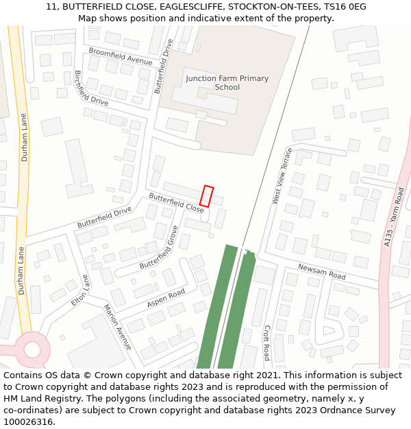 11, BUTTERFIELD CLOSE, EAGLESCLIFFE, STOCKTON-ON-TEES, TS16 0EG: Location map and indicative extent of plot