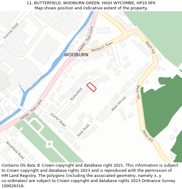 11, BUTTERFIELD, WOOBURN GREEN, HIGH WYCOMBE, HP10 0PX: Location map and indicative extent of plot