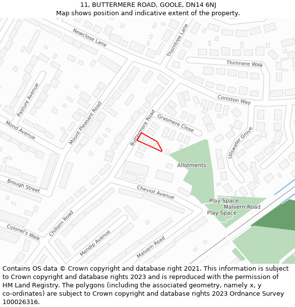 11, BUTTERMERE ROAD, GOOLE, DN14 6NJ: Location map and indicative extent of plot
