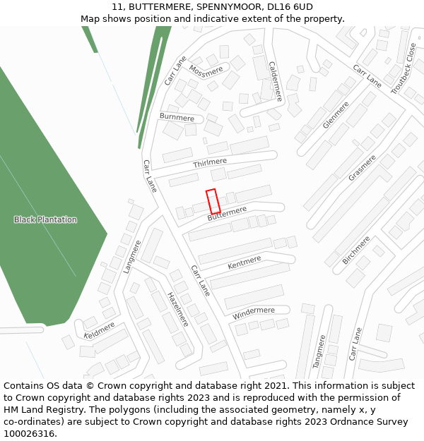 11, BUTTERMERE, SPENNYMOOR, DL16 6UD: Location map and indicative extent of plot