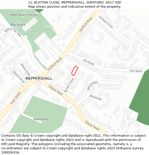 11, BUXTON CLOSE, MEPPERSHALL, SHEFFORD, SG17 5QF: Location map and indicative extent of plot