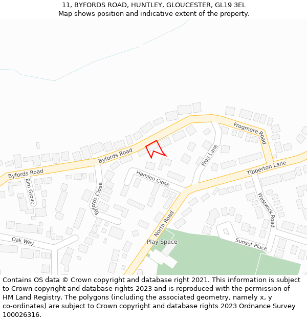 11, BYFORDS ROAD, HUNTLEY, GLOUCESTER, GL19 3EL: Location map and indicative extent of plot