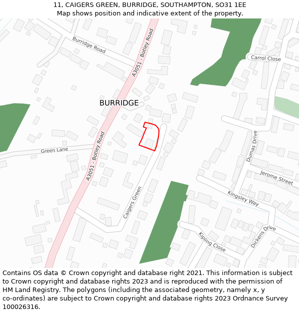 11, CAIGERS GREEN, BURRIDGE, SOUTHAMPTON, SO31 1EE: Location map and indicative extent of plot