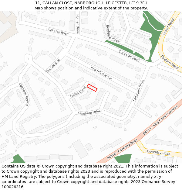 11, CALLAN CLOSE, NARBOROUGH, LEICESTER, LE19 3FH: Location map and indicative extent of plot