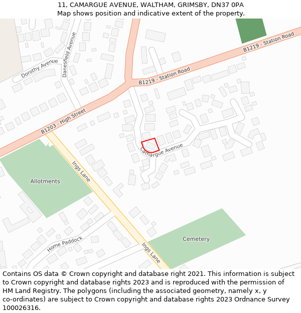11, CAMARGUE AVENUE, WALTHAM, GRIMSBY, DN37 0PA: Location map and indicative extent of plot