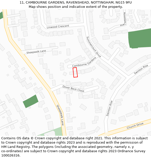 11, CAMBOURNE GARDENS, RAVENSHEAD, NOTTINGHAM, NG15 9FU: Location map and indicative extent of plot