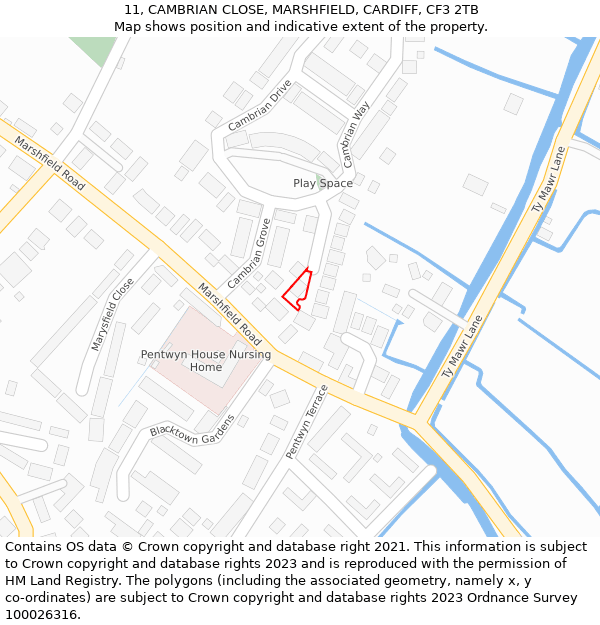 11, CAMBRIAN CLOSE, MARSHFIELD, CARDIFF, CF3 2TB: Location map and indicative extent of plot